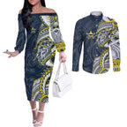 North Queensland Cowboys Couples Matching Off The Shoulder Long Sleeve Dress and Long Sleeve Button Shirt Polynesian Tribal Tattoo Pacific Sport Art
