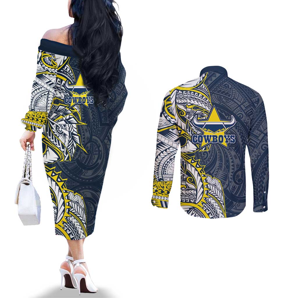 North Queensland Cowboys Couples Matching Off The Shoulder Long Sleeve Dress and Long Sleeve Button Shirt Polynesian Tribal Tattoo Pacific Sport Art