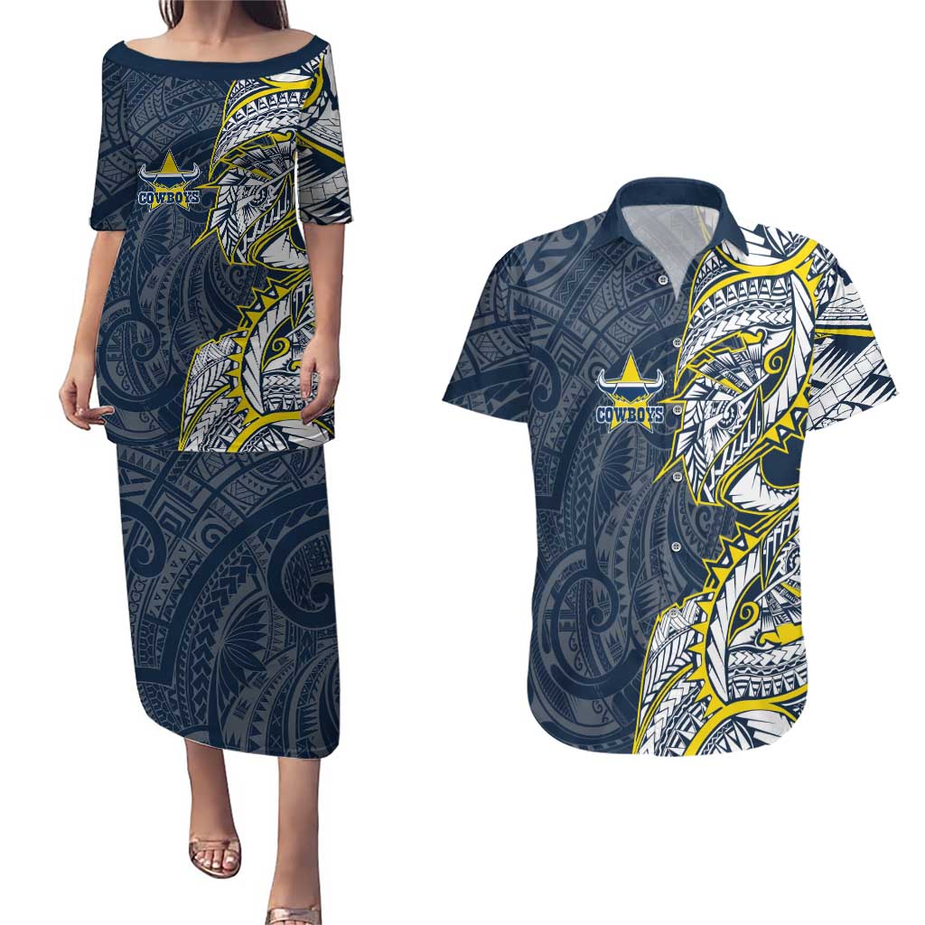North Queensland Cowboys Couples Matching Puletasi and Hawaiian Shirt Polynesian Tribal Tattoo Pacific Sport Art
