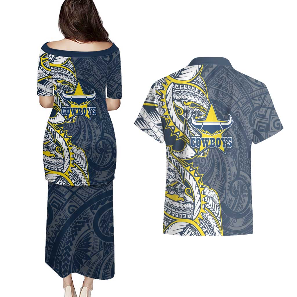 North Queensland Cowboys Couples Matching Puletasi and Hawaiian Shirt Polynesian Tribal Tattoo Pacific Sport Art