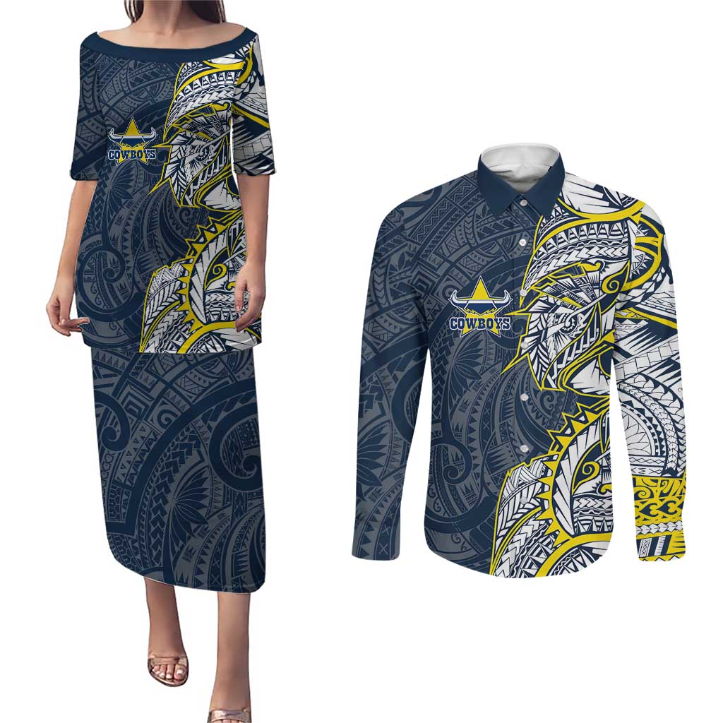 North Queensland Cowboys Couples Matching Puletasi and Long Sleeve Button Shirt Polynesian Tribal Tattoo Pacific Sport Art