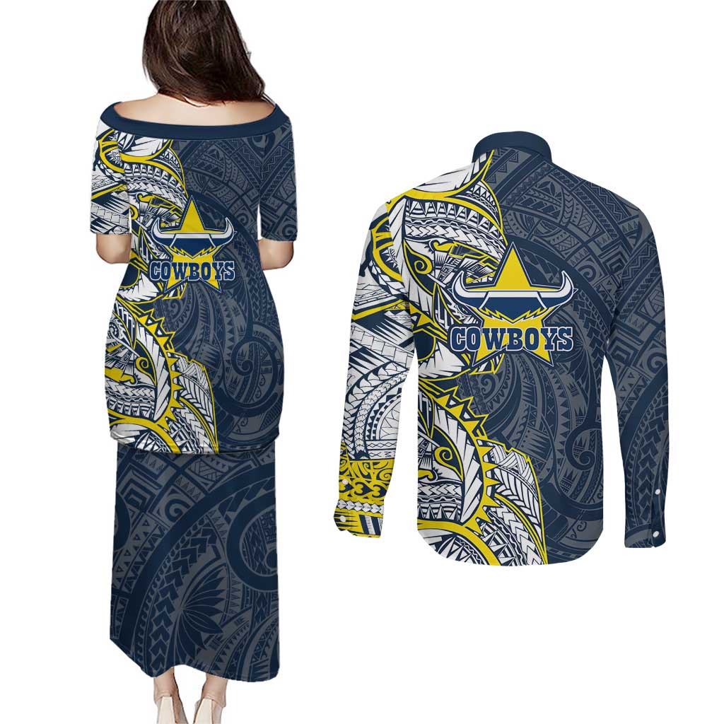 North Queensland Cowboys Couples Matching Puletasi and Long Sleeve Button Shirt Polynesian Tribal Tattoo Pacific Sport Art