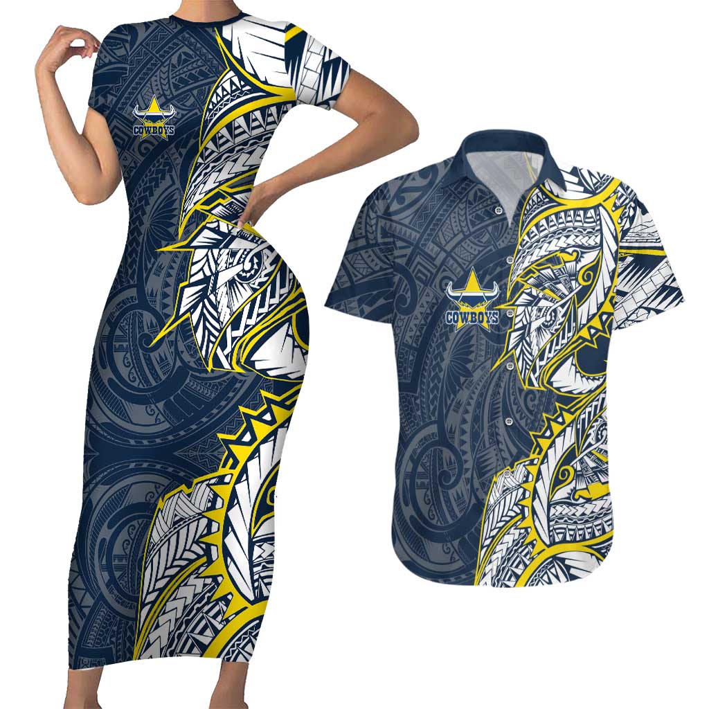 North Queensland Cowboys Couples Matching Short Sleeve Bodycon Dress and Hawaiian Shirt Polynesian Tribal Tattoo Pacific Sport Art