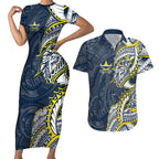 North Queensland Cowboys Couples Matching Short Sleeve Bodycon Dress and Hawaiian Shirt Polynesian Tribal Tattoo Pacific Sport Art