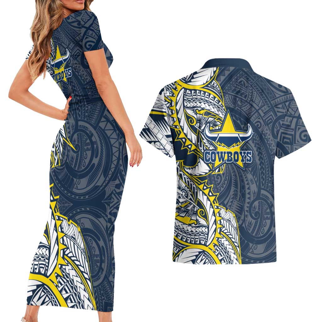 North Queensland Cowboys Couples Matching Short Sleeve Bodycon Dress and Hawaiian Shirt Polynesian Tribal Tattoo Pacific Sport Art