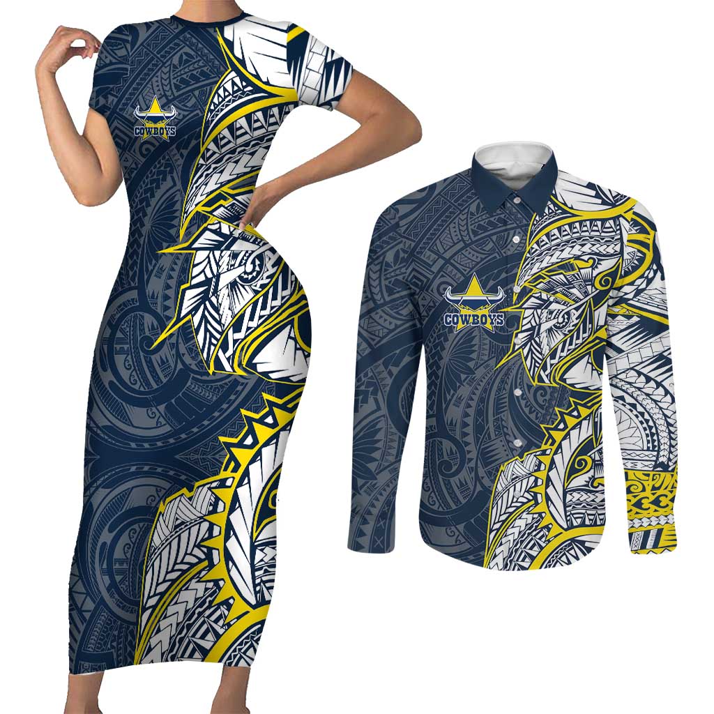 North Queensland Cowboys Couples Matching Short Sleeve Bodycon Dress and Long Sleeve Button Shirt Polynesian Tribal Tattoo Pacific Sport Art