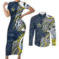 North Queensland Cowboys Couples Matching Short Sleeve Bodycon Dress and Long Sleeve Button Shirt Polynesian Tribal Tattoo Pacific Sport Art