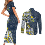 North Queensland Cowboys Couples Matching Short Sleeve Bodycon Dress and Long Sleeve Button Shirt Polynesian Tribal Tattoo Pacific Sport Art