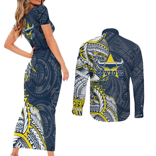 North Queensland Cowboys Couples Matching Short Sleeve Bodycon Dress and Long Sleeve Button Shirt Polynesian Tribal Tattoo Pacific Sport Art