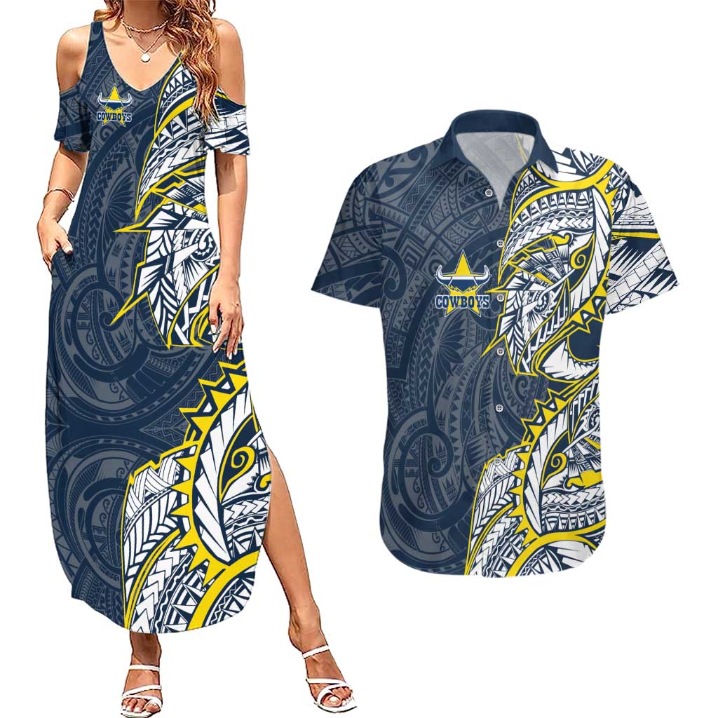 North Queensland Cowboys Couples Matching Summer Maxi Dress and Hawaiian Shirt Polynesian Tribal Tattoo Pacific Sport Art
