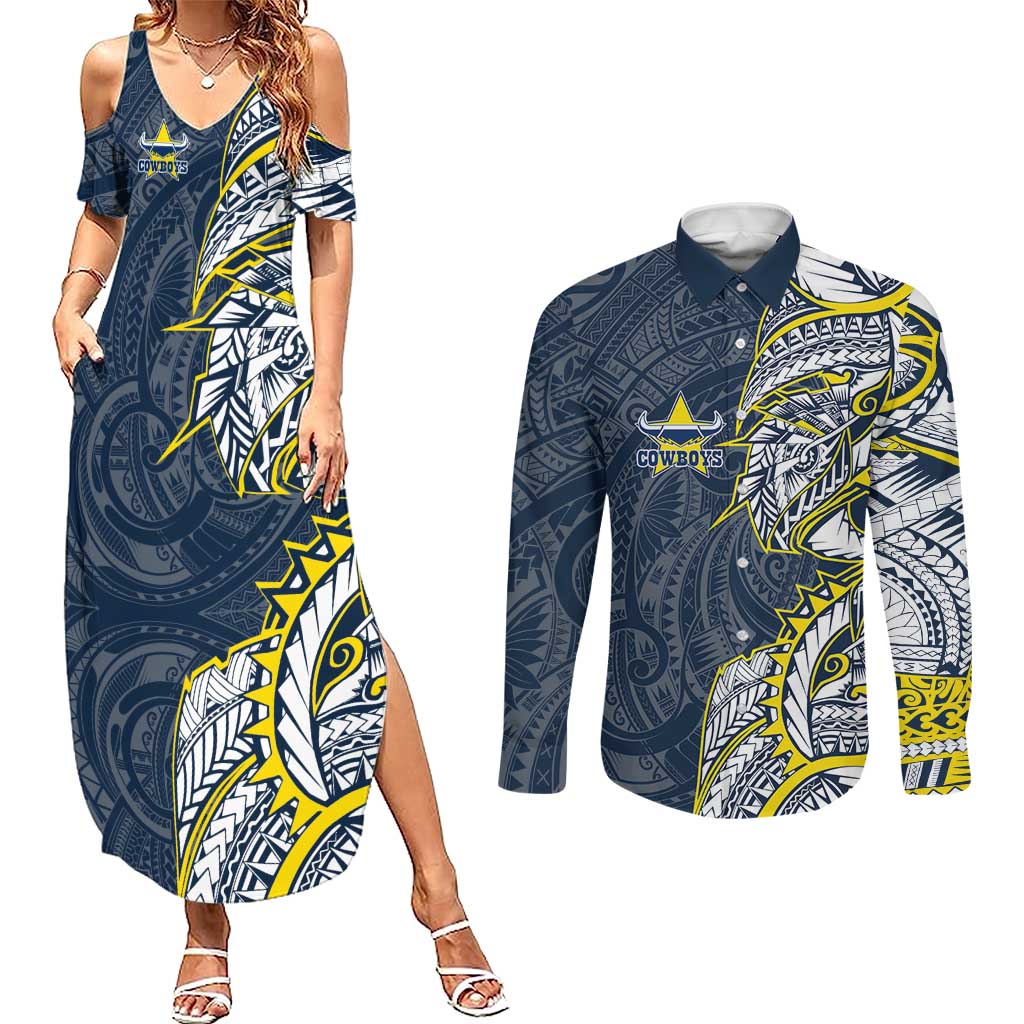 North Queensland Cowboys Couples Matching Summer Maxi Dress and Long Sleeve Button Shirt Polynesian Tribal Tattoo Pacific Sport Art