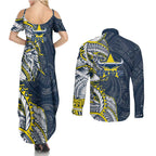 North Queensland Cowboys Couples Matching Summer Maxi Dress and Long Sleeve Button Shirt Polynesian Tribal Tattoo Pacific Sport Art