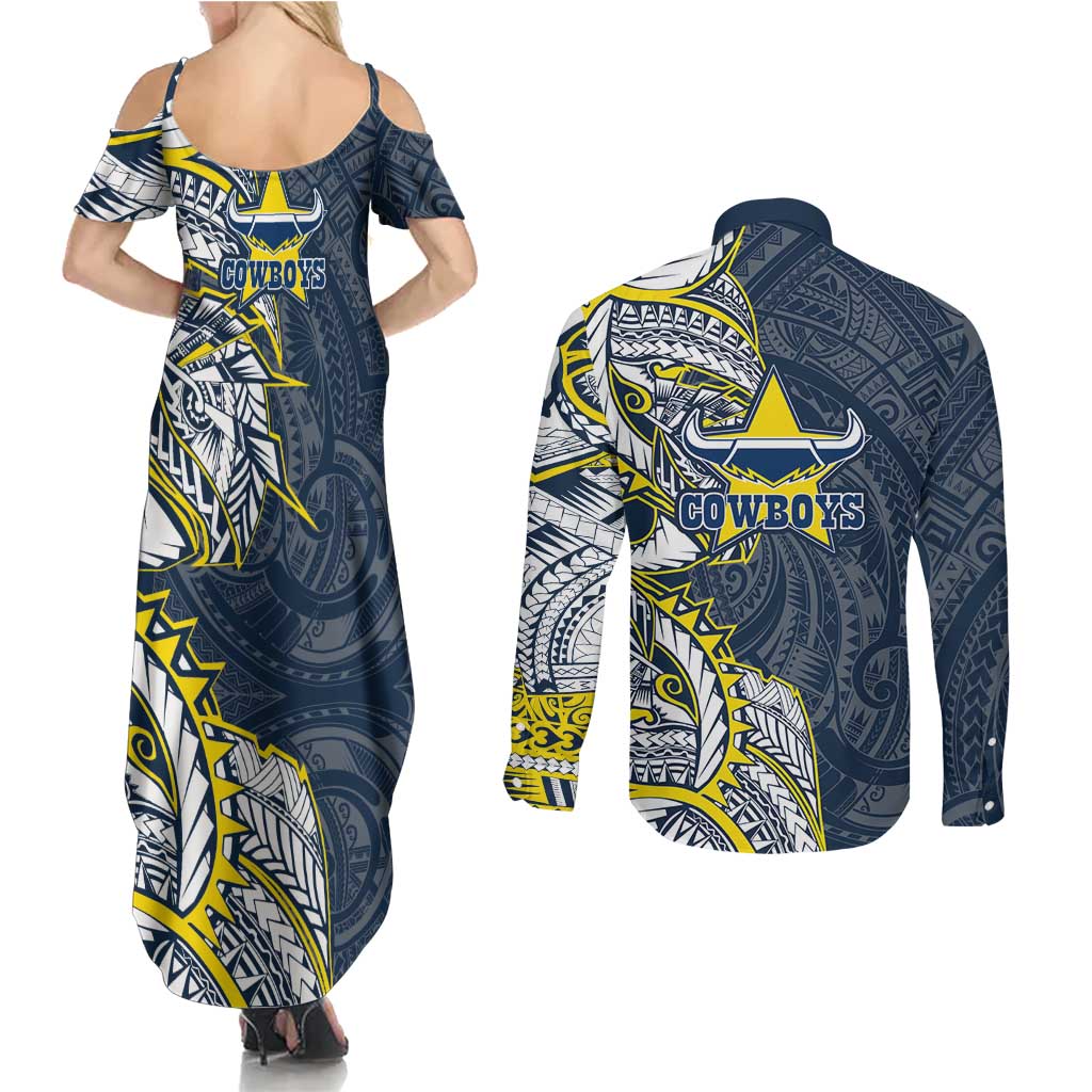 North Queensland Cowboys Couples Matching Summer Maxi Dress and Long Sleeve Button Shirt Polynesian Tribal Tattoo Pacific Sport Art