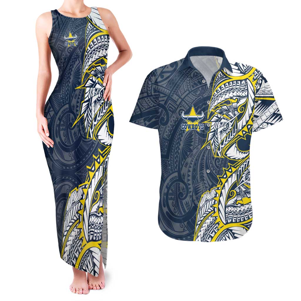 North Queensland Cowboys Couples Matching Tank Maxi Dress and Hawaiian Shirt Polynesian Tribal Tattoo Pacific Sport Art
