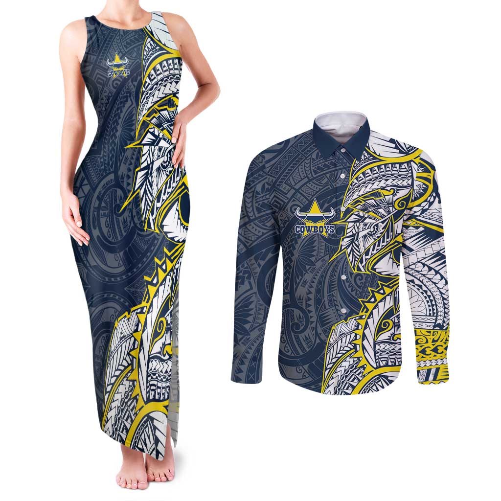 North Queensland Cowboys Couples Matching Tank Maxi Dress and Long Sleeve Button Shirt Polynesian Tribal Tattoo Pacific Sport Art