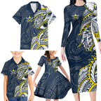 North Queensland Cowboys Family Matching Long Sleeve Bodycon Dress and Hawaiian Shirt Polynesian Tribal Tattoo Pacific Sport Art