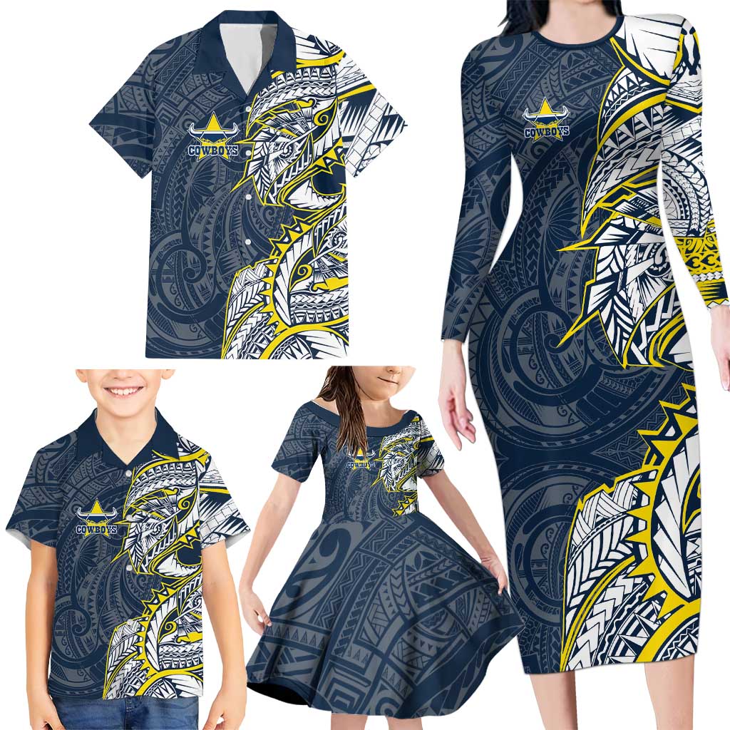 North Queensland Cowboys Family Matching Long Sleeve Bodycon Dress and Hawaiian Shirt Polynesian Tribal Tattoo Pacific Sport Art