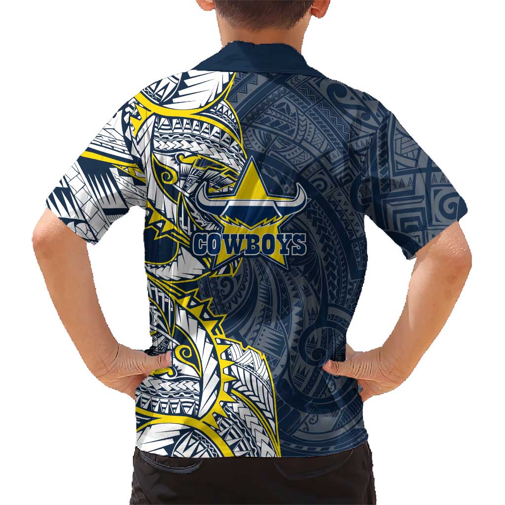 North Queensland Cowboys Family Matching Long Sleeve Bodycon Dress and Hawaiian Shirt Polynesian Tribal Tattoo Pacific Sport Art