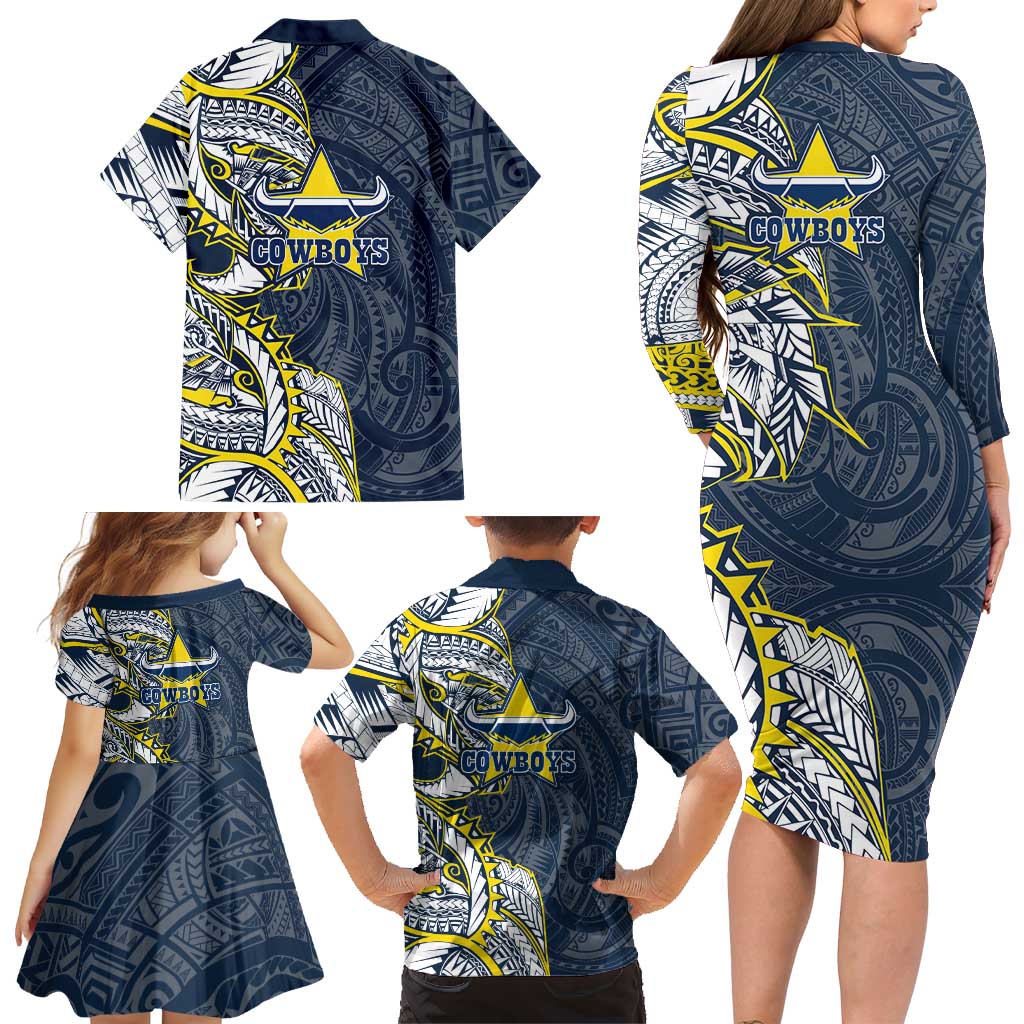 North Queensland Cowboys Family Matching Long Sleeve Bodycon Dress and Hawaiian Shirt Polynesian Tribal Tattoo Pacific Sport Art