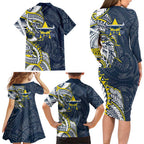 North Queensland Cowboys Family Matching Long Sleeve Bodycon Dress and Hawaiian Shirt Polynesian Tribal Tattoo Pacific Sport Art