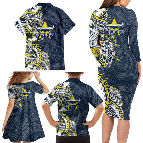 North Queensland Cowboys Family Matching Long Sleeve Bodycon Dress and Hawaiian Shirt Polynesian Tribal Tattoo Pacific Sport Art