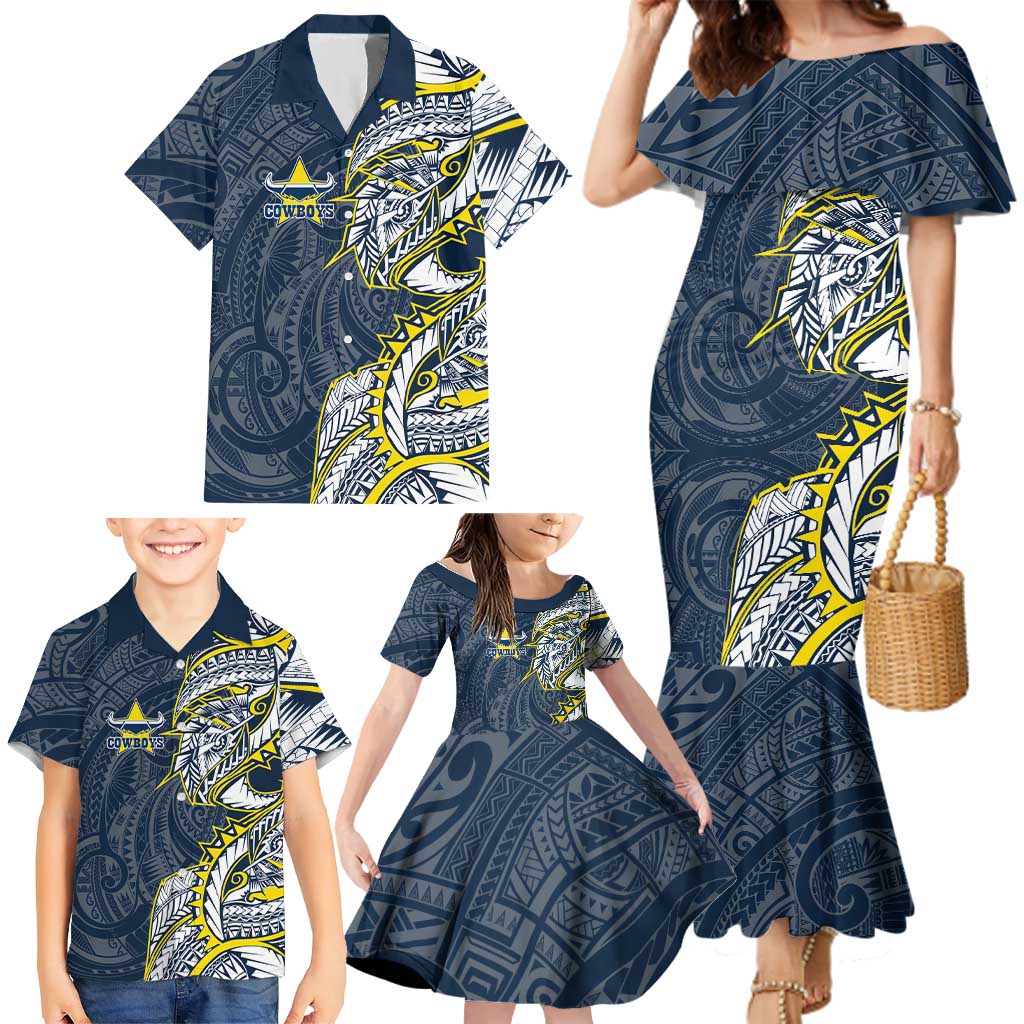 North Queensland Cowboys Family Matching Mermaid Dress and Hawaiian Shirt Polynesian Tribal Tattoo Pacific Sport Art