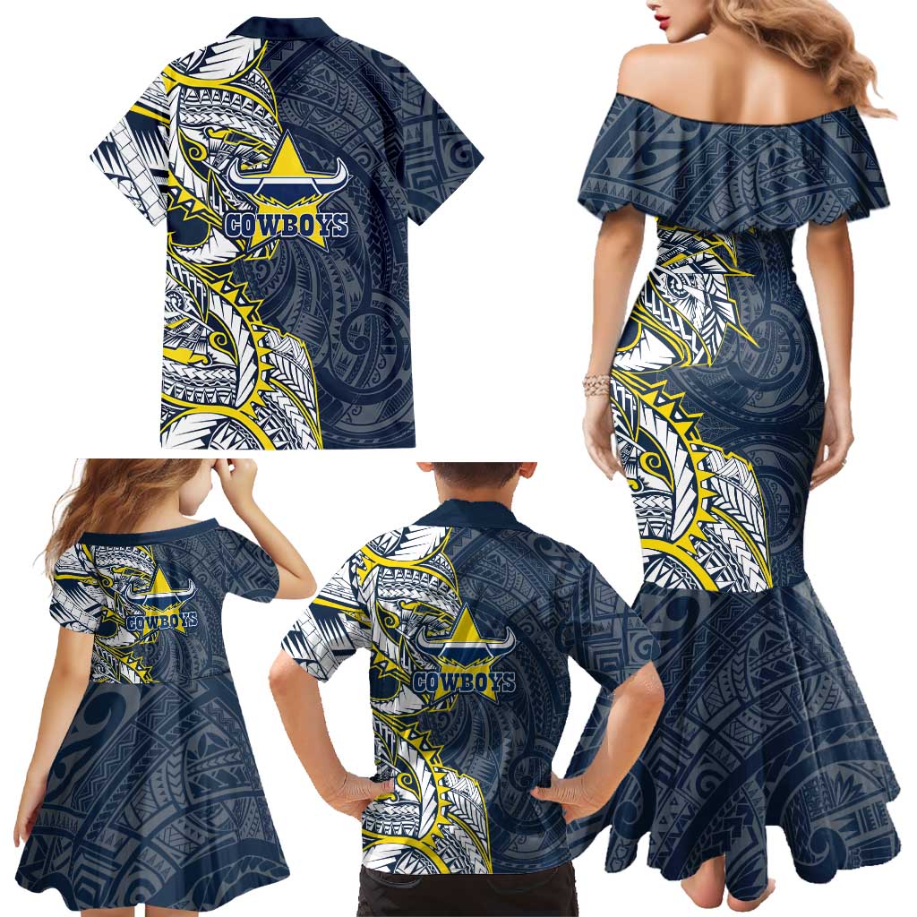 North Queensland Cowboys Family Matching Mermaid Dress and Hawaiian Shirt Polynesian Tribal Tattoo Pacific Sport Art
