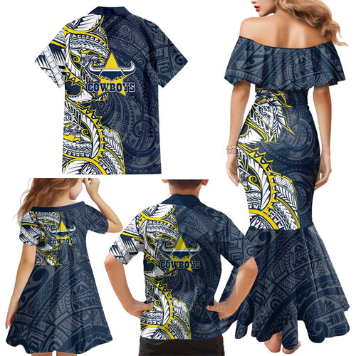 North Queensland Cowboys Family Matching Mermaid Dress and Hawaiian Shirt Polynesian Tribal Tattoo Pacific Sport Art