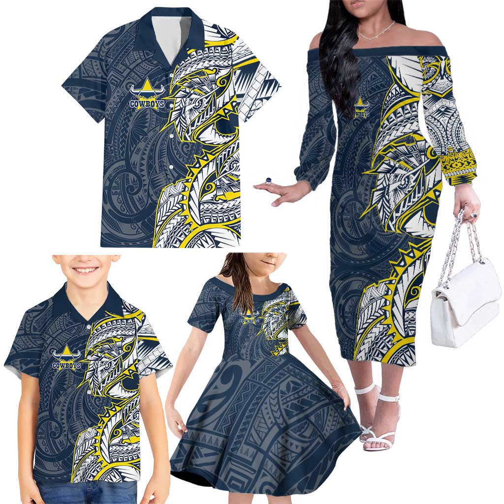 North Queensland Cowboys Family Matching Off The Shoulder Long Sleeve Dress and Hawaiian Shirt Polynesian Tribal Tattoo Pacific Sport Art