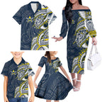 North Queensland Cowboys Family Matching Off The Shoulder Long Sleeve Dress and Hawaiian Shirt Polynesian Tribal Tattoo Pacific Sport Art