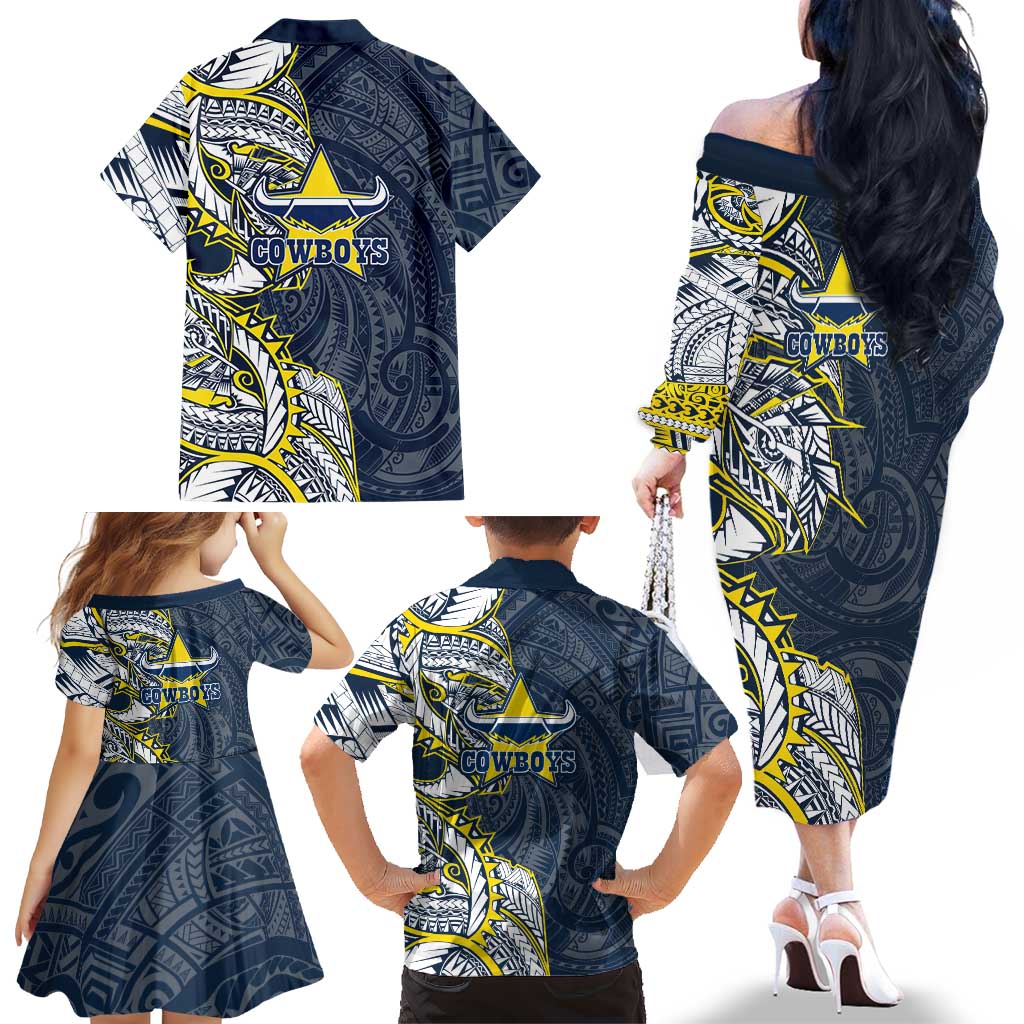 North Queensland Cowboys Family Matching Off The Shoulder Long Sleeve Dress and Hawaiian Shirt Polynesian Tribal Tattoo Pacific Sport Art