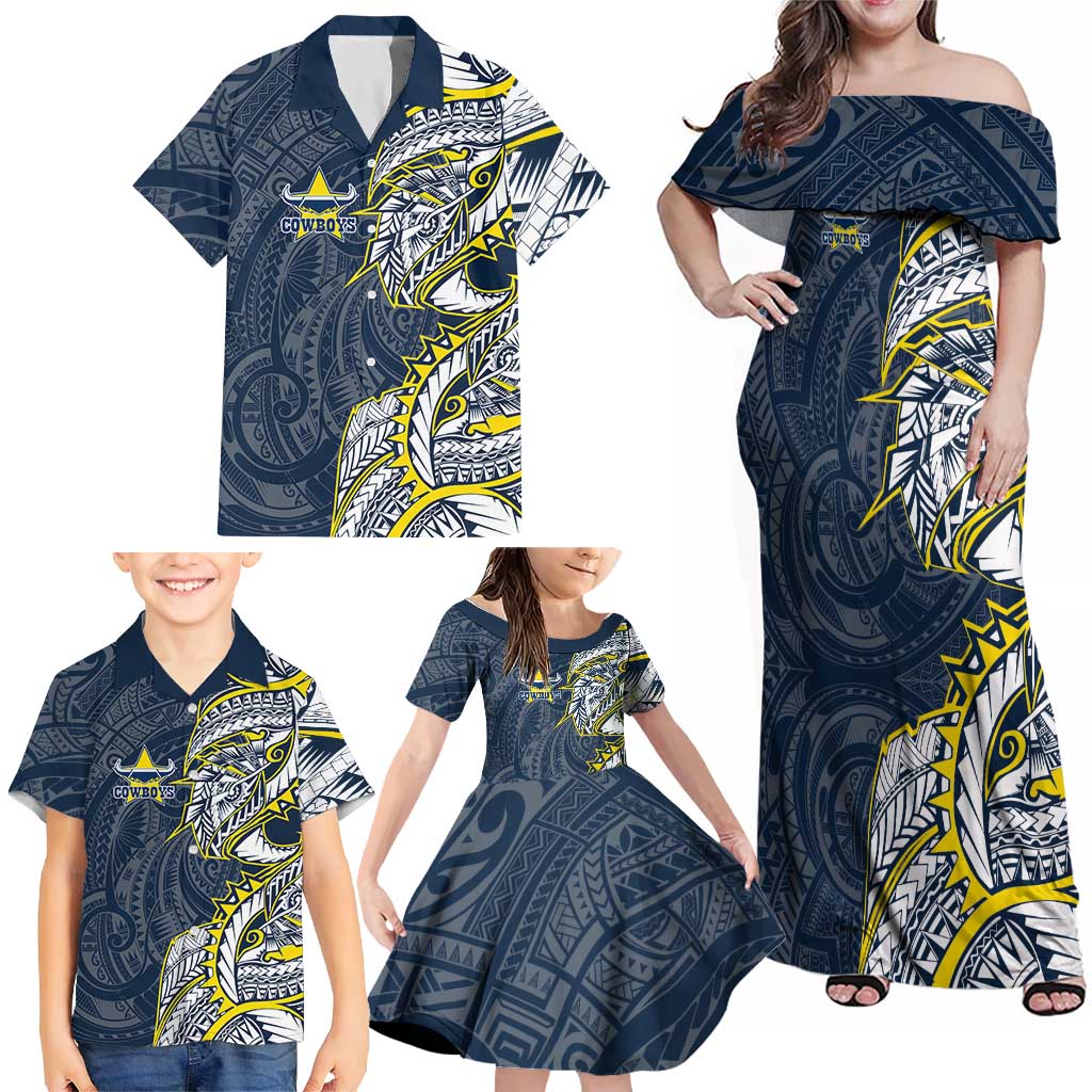 North Queensland Cowboys Family Matching Off Shoulder Maxi Dress and Hawaiian Shirt Polynesian Tribal Tattoo Pacific Sport Art