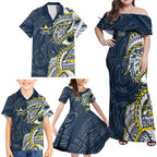 North Queensland Cowboys Family Matching Off Shoulder Maxi Dress and Hawaiian Shirt Polynesian Tribal Tattoo Pacific Sport Art