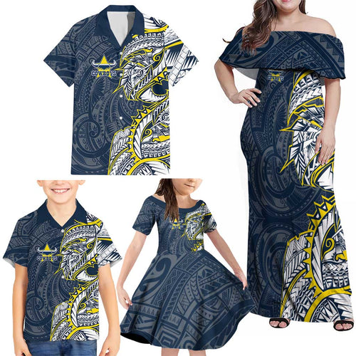 North Queensland Cowboys Family Matching Off Shoulder Maxi Dress and Hawaiian Shirt Polynesian Tribal Tattoo Pacific Sport Art