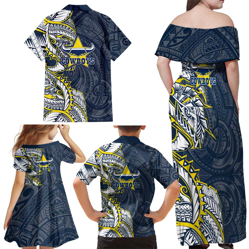 North Queensland Cowboys Family Matching Off Shoulder Maxi Dress and Hawaiian Shirt Polynesian Tribal Tattoo Pacific Sport Art