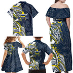 North Queensland Cowboys Family Matching Off Shoulder Maxi Dress and Hawaiian Shirt Polynesian Tribal Tattoo Pacific Sport Art