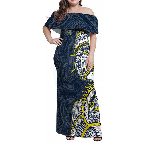 North Queensland Cowboys Family Matching Off Shoulder Maxi Dress and Hawaiian Shirt Polynesian Tribal Tattoo Pacific Sport Art