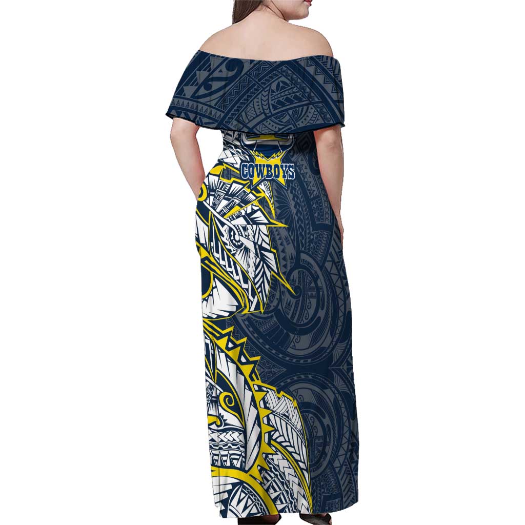 North Queensland Cowboys Family Matching Off Shoulder Maxi Dress and Hawaiian Shirt Polynesian Tribal Tattoo Pacific Sport Art