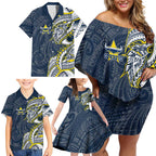 North Queensland Cowboys Family Matching Off Shoulder Short Dress and Hawaiian Shirt Polynesian Tribal Tattoo Pacific Sport Art