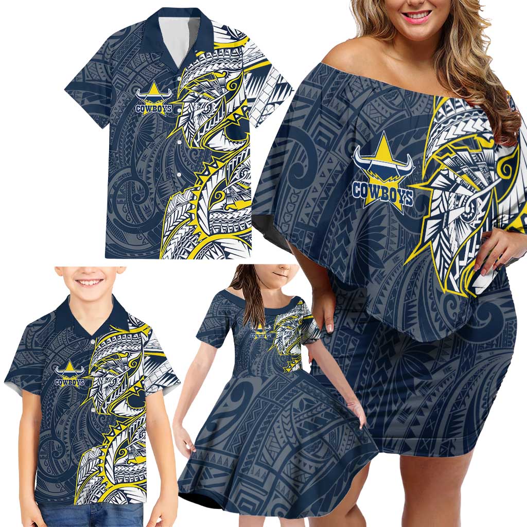 North Queensland Cowboys Family Matching Off Shoulder Short Dress and Hawaiian Shirt Polynesian Tribal Tattoo Pacific Sport Art