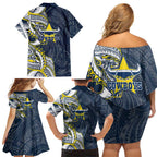 North Queensland Cowboys Family Matching Off Shoulder Short Dress and Hawaiian Shirt Polynesian Tribal Tattoo Pacific Sport Art