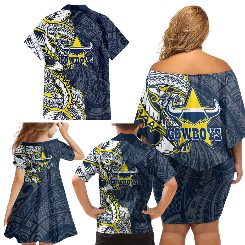 North Queensland Cowboys Family Matching Off Shoulder Short Dress and Hawaiian Shirt Polynesian Tribal Tattoo Pacific Sport Art