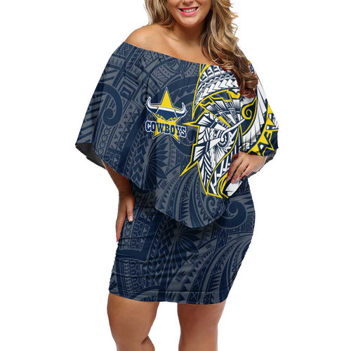 North Queensland Cowboys Family Matching Off Shoulder Short Dress and Hawaiian Shirt Polynesian Tribal Tattoo Pacific Sport Art