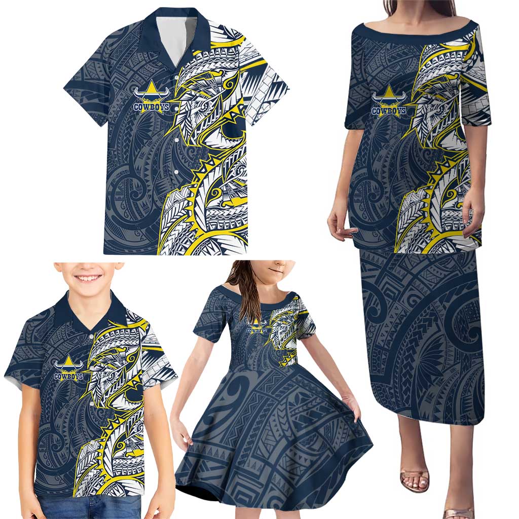North Queensland Cowboys Family Matching Puletasi and Hawaiian Shirt Polynesian Tribal Tattoo Pacific Sport Art