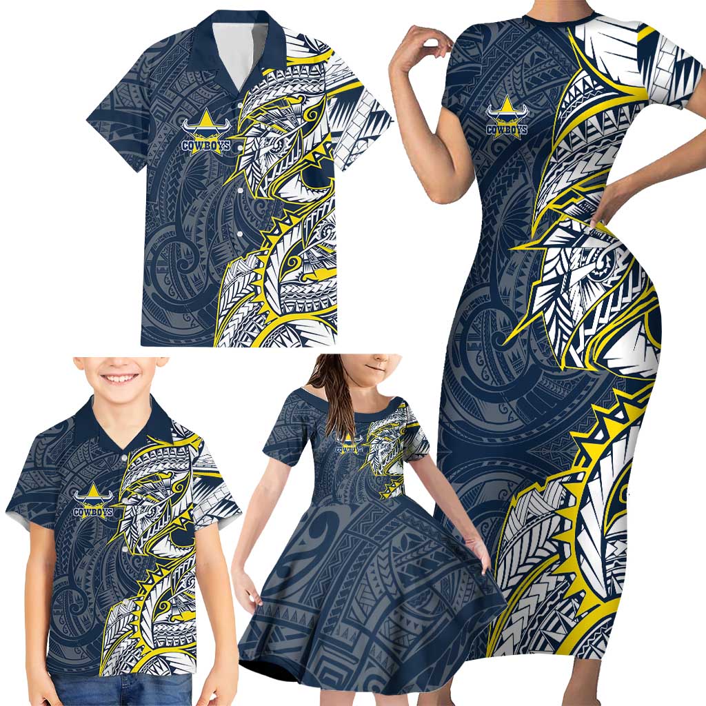 North Queensland Cowboys Family Matching Short Sleeve Bodycon Dress and Hawaiian Shirt Polynesian Tribal Tattoo Pacific Sport Art
