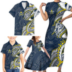 North Queensland Cowboys Family Matching Short Sleeve Bodycon Dress and Hawaiian Shirt Polynesian Tribal Tattoo Pacific Sport Art