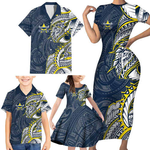 North Queensland Cowboys Family Matching Short Sleeve Bodycon Dress and Hawaiian Shirt Polynesian Tribal Tattoo Pacific Sport Art