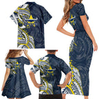 North Queensland Cowboys Family Matching Short Sleeve Bodycon Dress and Hawaiian Shirt Polynesian Tribal Tattoo Pacific Sport Art