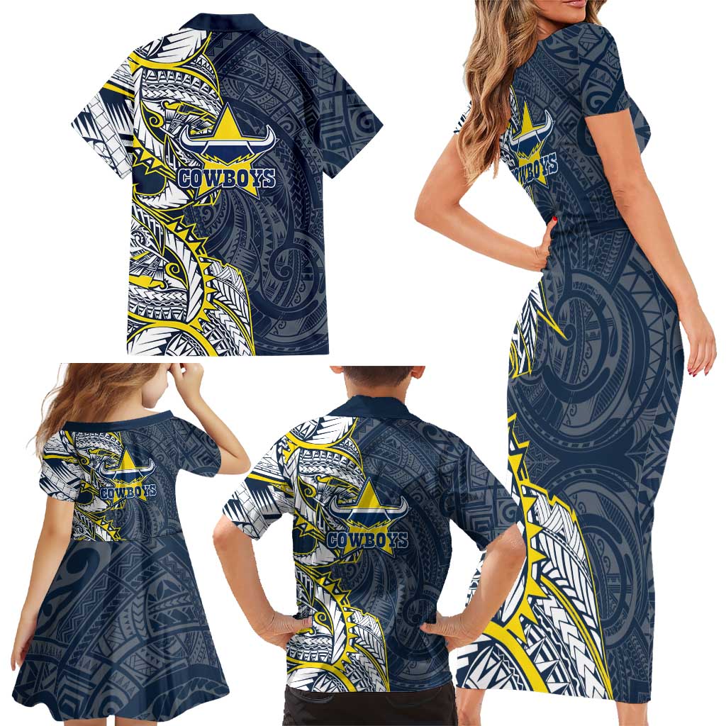 North Queensland Cowboys Family Matching Short Sleeve Bodycon Dress and Hawaiian Shirt Polynesian Tribal Tattoo Pacific Sport Art