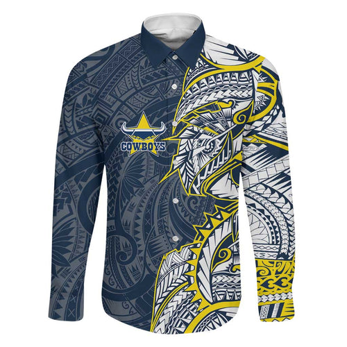 North Queensland Cowboys Family Matching Short Sleeve Bodycon Dress and Hawaiian Shirt Polynesian Tribal Tattoo Pacific Sport Art